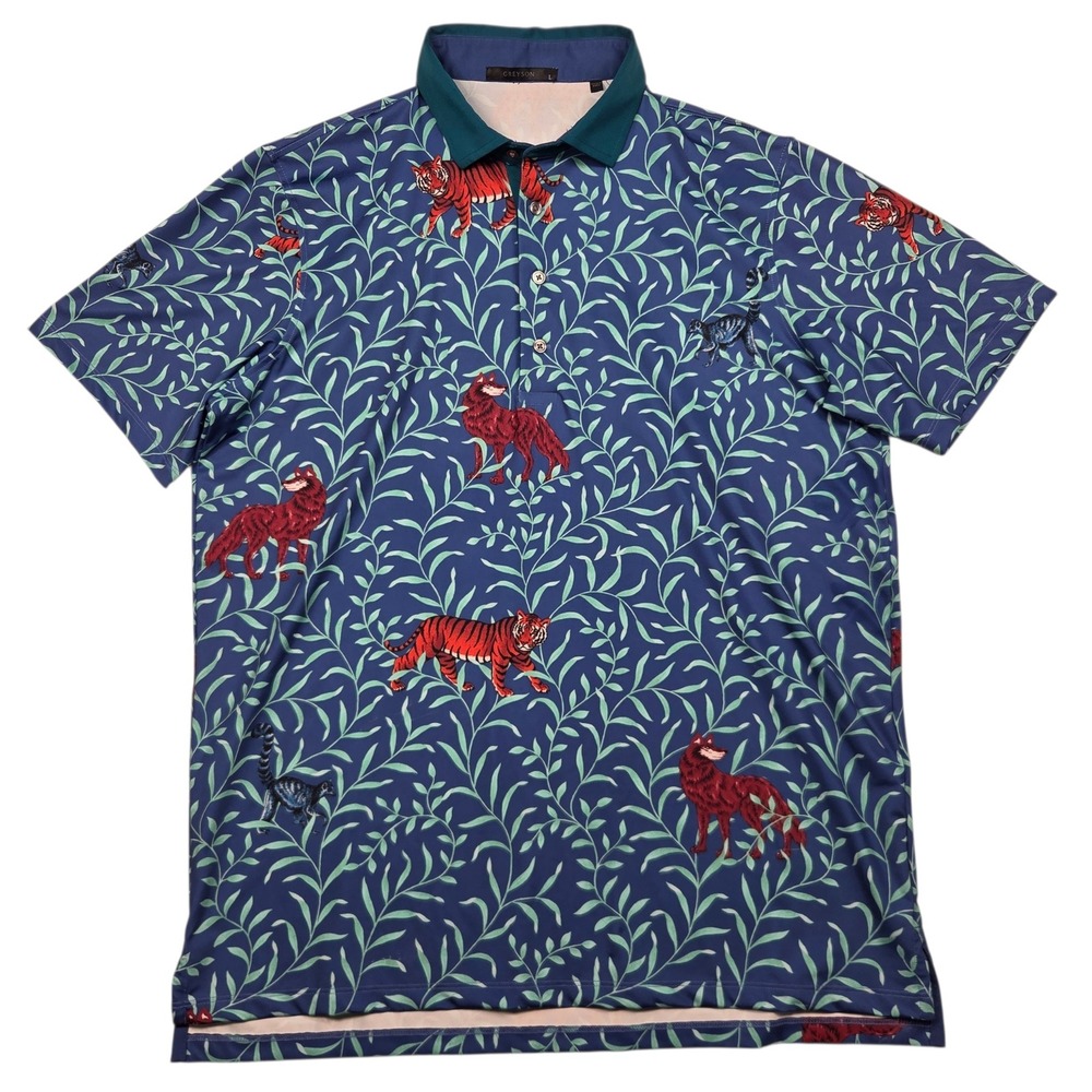 Greyson Polo Shirt Mens Large Blue Tiger Wolf Animal Print Performance Golf Tee